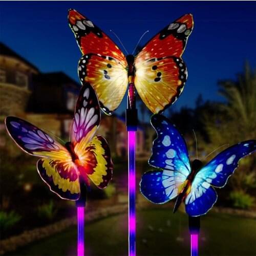 3PCS Solar Stake Lights Garden Solar Lights Outdoor Multi-Color Changing LED Butterfly Fiber Optic Butterfly Decorative Lights