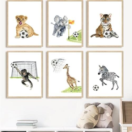 Play Football Nursery Poster Lion Giraffe Elephant Tiger Zebra Wall Art Print Canvas Painting Wall Pictures Baby Kids Room Decor
