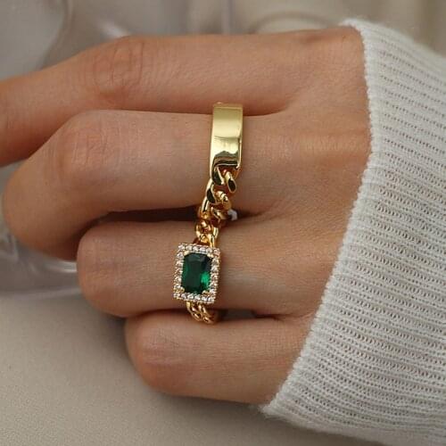 2021 New Trendy Luxury Cuban Chain Finger Ring Delicate Blingbling Emerald Green White Zircon Stone Paved Gold Rings for Women