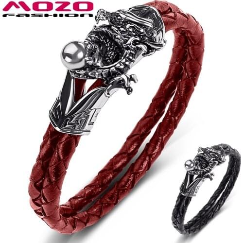 MOZO FASHION 2021 New Men Jewelry Black Genuine Leather Stainless Steel Punk Dragon With Beads Chameleon Bracelets Gift 548