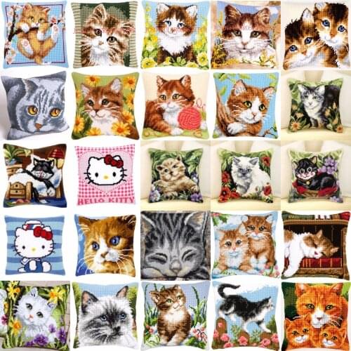 Cat 01 DIY Needlework Kit Acrylic Yarn Embroidery Pillow Tapestry Canvas Cushion Front Cross Stitch Pillowcase