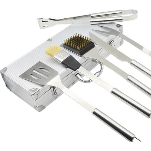 Stainless Steel BBQ Tools Set Barbecue Grilling Utensil Accessories Camping Outdoor Cooking Tools Kit with Aluminum Box 6pcs