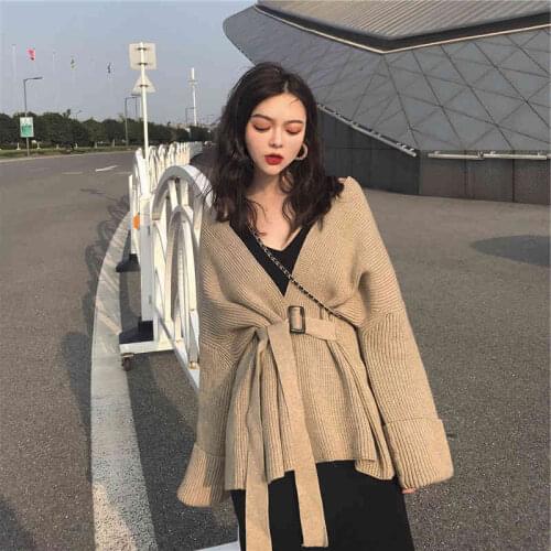 Autumn Winter 2020 Vintage Cardigan Sweater With Belt Solid Korean Style V-Neck Knit Sweater For Women Khaki Sashes Tops AA5359