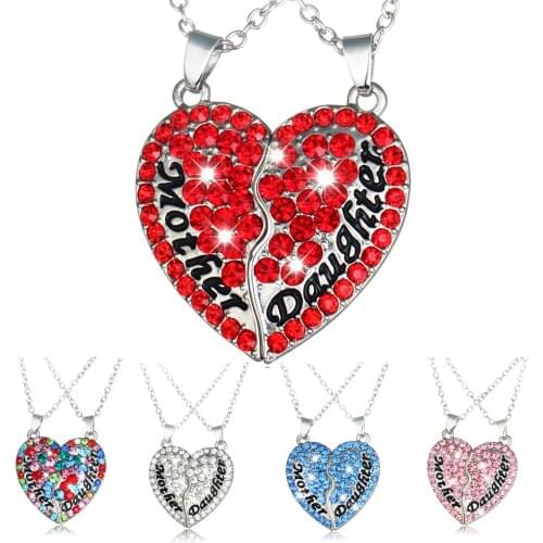 Mother Daughter Pink Red Blue Crystal Heart Pendant Necklace Chain Mom Children Kids Women Rhinestone Charm Family Love Jewelry