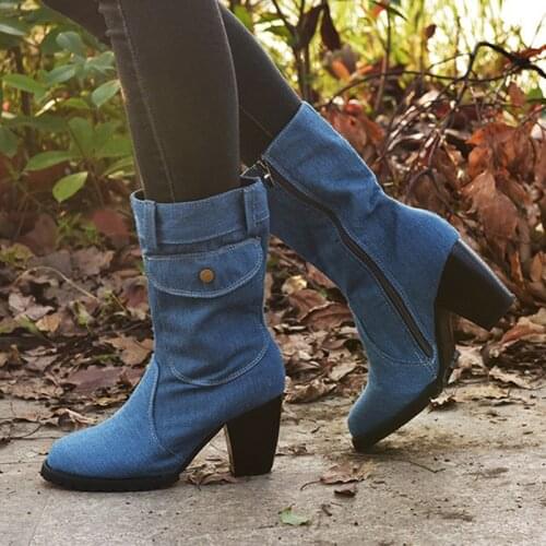 Sexy Jean Boots Womens AnkleTube Short Boot Winter Mid Heel Denim Boot 2020 Lady Stylish Jeans Boots Zipper Shoes Cowboy