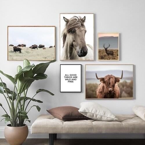 Scandinavian Poster Nordic Print Deer Horse Cattle Animal Wall Art Canvas Painting Wild Field Nature Picture Living Room Decor