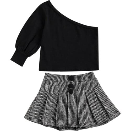 Toddler Kid Girls Casual 2 Pcs Clothes Sets, Black Oblique Shoulder Shirts Tops with High Waist Buttons Pleated Skirts 1-6T