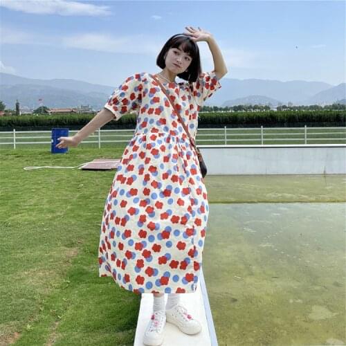 Casual Womens Dresses Sweet Flowers Print Maxi Dress Retro Square Collar Puff Sleeve Loose Dresses for Women Party Korean