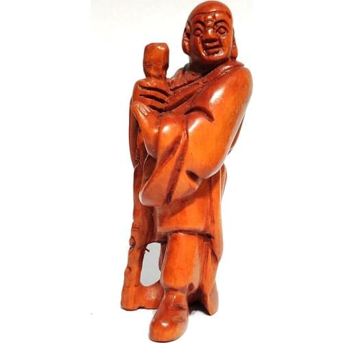 Q4254 - 2" Hand Carved Boxwood Netsuke Figurine Carving: Kong Fu Monk Luo Han