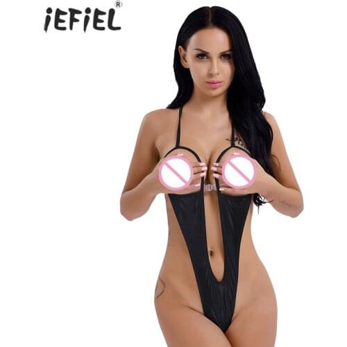 Sexy Lingerie Leather Latex Bodysuit Women Deep V Neck Open Bust Backless Crotchless Jumpsuit Catsuit Sexy Party Erotic Costumes