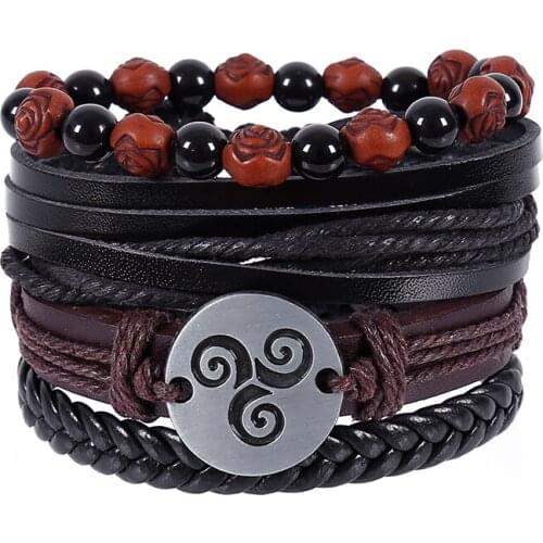 4pcs/set hippie punk spiral vortex charm dark brown leather cord knots rose black onyx beads wrap wide Bracelets Bangles for man