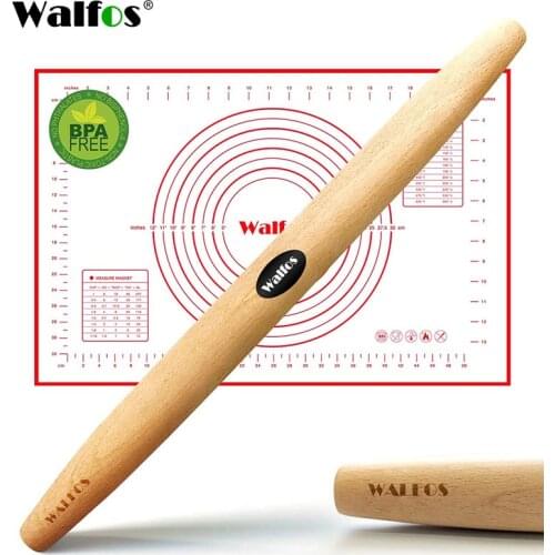 Walfos French Rolling Pin and Silicone Pastry Mat Set Beech Wood Rolling Pin 18 Inch For Best Pie Crust Cookie Pasta Pizza Doug
