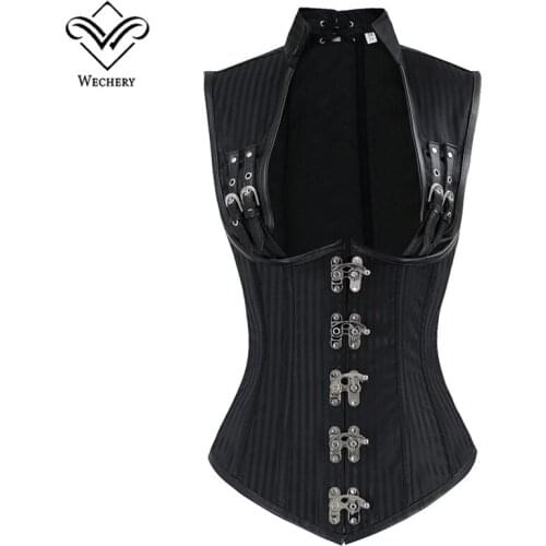 Wechery Women Steampunk Corset Sexy Push Up Punk Corselet Lace Up Button Bustiers Korset Posture Retro Gorset Top Waist Trainer
