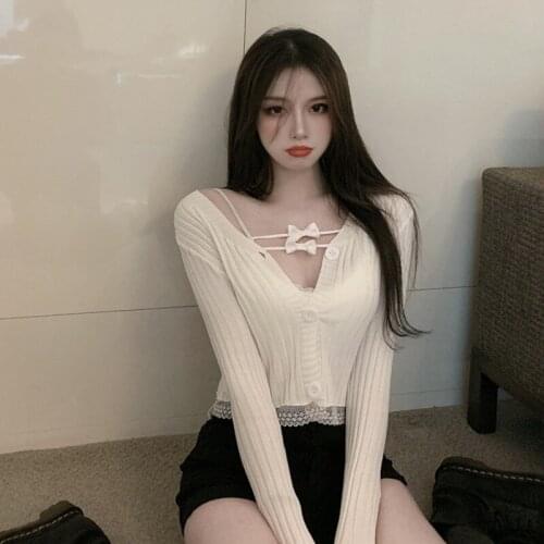 Female lace white cardigan coat stitching brief paragraph cultivate morality spring 2021 new western style sweater coat