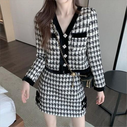 Autumn Women Knitting Plaid Skirts Sets Diamonds Button Long Sleeves Wool Warm Coat Sweater Jacket Knitted Two Pieces Suit