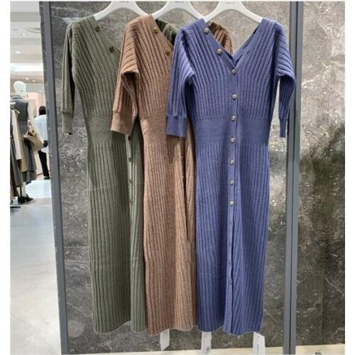 Ladies V Neckline Buttoned Knitting Single-breasted Midi Dress