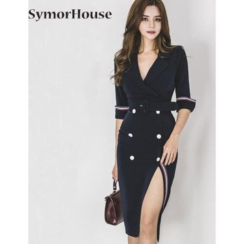 Women Elegant V-neck Pencil Dress High Quality Vintage Office Party Robe Femme New Designer Blue breasted Slit Dresses Vestidos