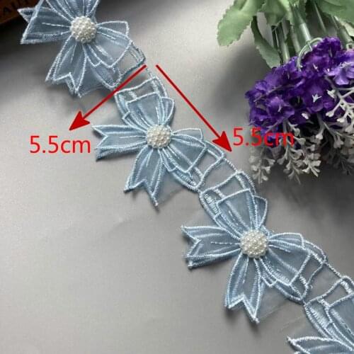 1 Yard Blue Mesh Bowknot Rhinestones Embroidered Lace Trim Ribbon Patches Applique Fabric DIY Wedding Dress Sewing Supplies