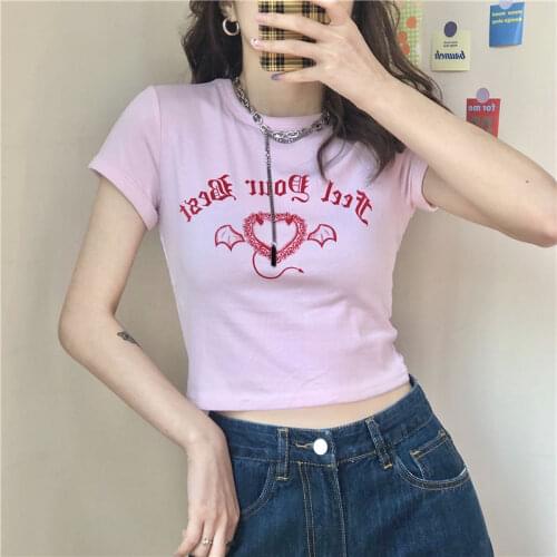 90s E-girl Y2K letter Graphic Print Pink T-shirts Kawaii Summer O-neck Short Sleeve Vintage Top Harajuku Goth vintage Grunge tee