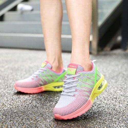 Air Cushion Running Shoes Women Colorful Mesh Soft Sneakers Breathable Weave Jogging Walking Shoes Ladies Trainers Lace up