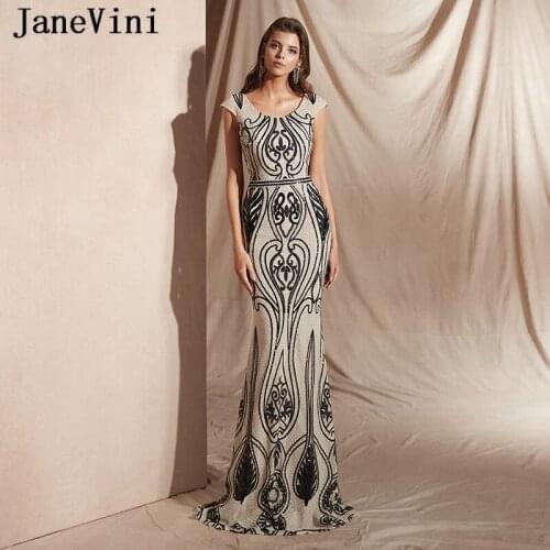 JaneVini Shiny Beaded Mermaid Party Evening Dresses 2019 Cap Sleeve Black Bling Sequined Long Formal Dresses Ladies Dinner Gown