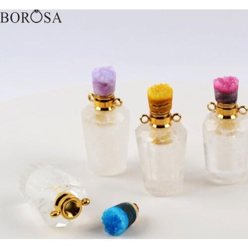 BOROSA 4Pcs Natural Crystal Qaurtz Essential Oil Diffuser Pendant Geode Druzy Caps Perfume Bottle Connector Women Jewelry WX1392