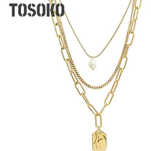 TOSOKO Stainless Steel Jewelry Three Layer Irregular Pendant Freshwater Pearl Sweater Chain Fold Fashion Necklace Woman BSP773