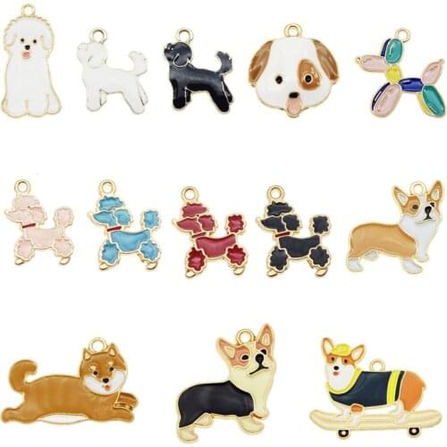 Julie Wang 13PCS Enamel Dog Charms Mixed Corgi Poodle Teddy Shiba Alloy Animal Pendants Jewelry Making Necklace Accessory