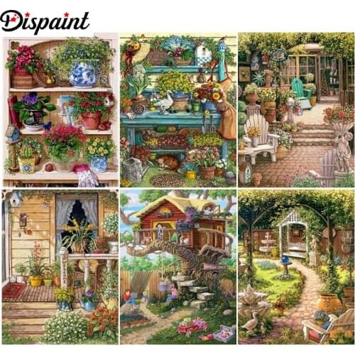 Dispaint Paint With Diamond Embroidery "House flowers landscape" Diamond Painting Full Square Round Picture Of Rhinestone Decor