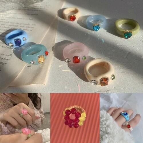 Ins Korea Vintage Resin Colorful Rings Chic Colorful Acrylic Geometric Irregular Ring Set for Women Jewelry