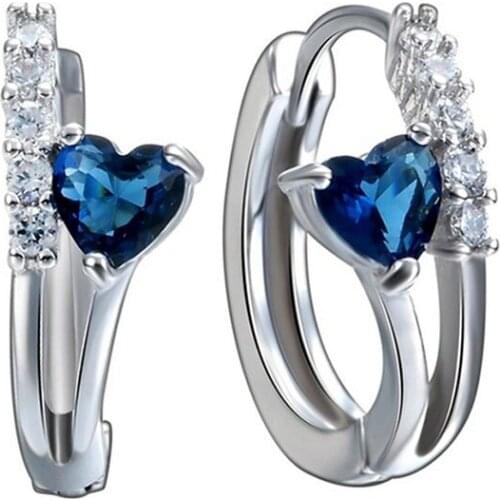 Exquisite White Gold Hoop Earrings White Blue Crystal Heart Hoop Earrings Bridal Wedding Engagement Jewelry Silver Color Earring
