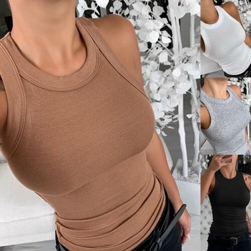 Ladies tank tops Casual Sleeveless New Fashion Womens Clothing Ribbed O Neck Solid Tank Top Solid Soft Cozy Shirt Femal