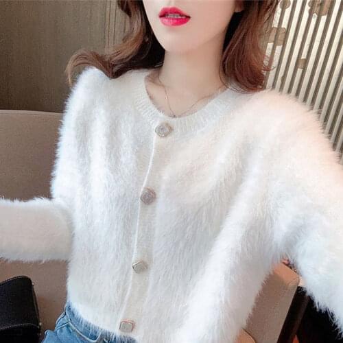 2020 New Spring Autumn Women Faux Mink Velvet Sweater Short O-neck Jacket Female Single-Breasted Elegant Knitted Cardigans Z134