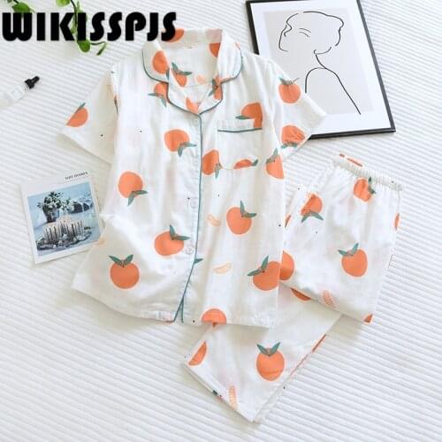 Orange Pajamas Womens 2021 Summer Thin Short Sleeve Pants Suit Casual Home Wear Two Piece Set Summer Pajamas for Teen Girls