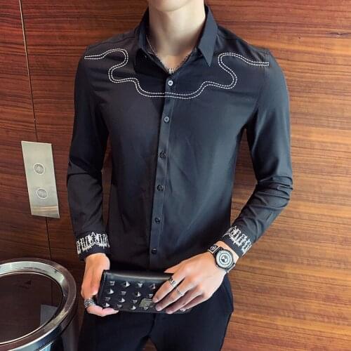Totem Embroidery Shirts for Men Autumn Long Sleeve Casual Slim Shirt Men Business Dress Streetwear Social Party Chemise Homme