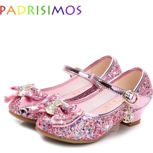 Four Seasons Pink Princess Leather Shoes for Girls Flower Casual Shallow Children High Heel Girls Shoes Butterfly Knot ZRC