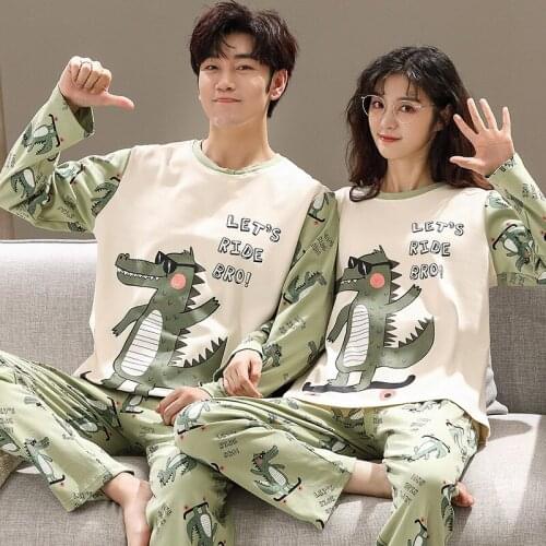 Knitted Cotton Autumn Winter Pajamas Set For Men Cartoon Green Dinosaur Print Lovers Sleepwear Fashion Patchwork Women Home Wear