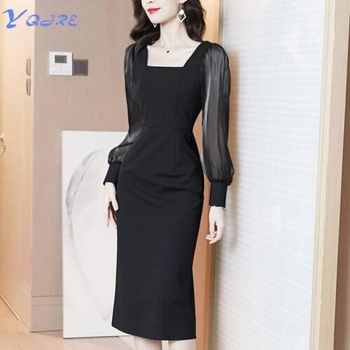 YQJRE New Arrivals Fall 2021 Black Womens Long Sleeve Square Collar Mid-Waist Dress