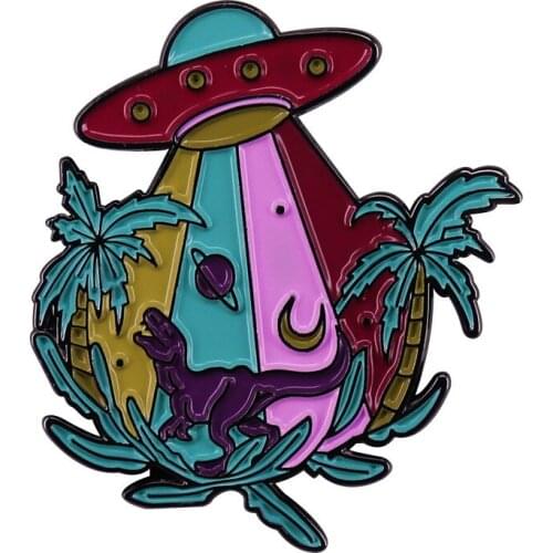 Funny Coconut Tree UFO With Dinosaurs Mashup Cartoon Metal Enamel Lapel Clothes Coats Backpack Bag Badge Brooch Pin Accessories