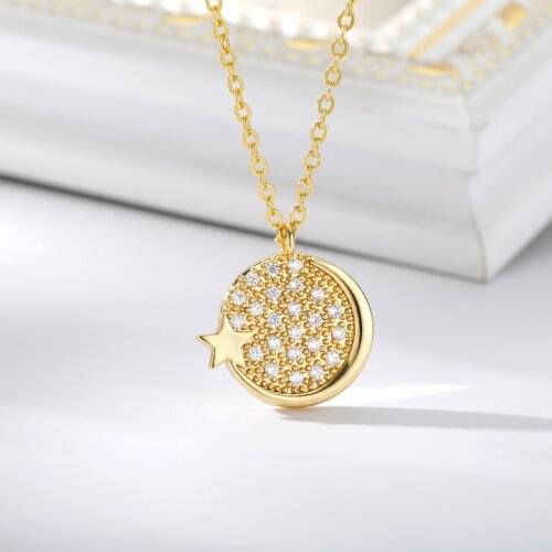 ICFTZWE Star and Moon Zircon Neckalces For Women Stainless Steel Glod Round Necklaces Charm Choker Pendant Necklace Jewelry Gift