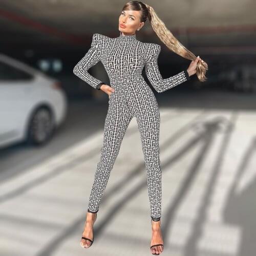 [Shesrim] Black And Ivory Printed Shoulder Pads High Neck Bandage Jacquard Knit Bandage Jumpsuits With Leather Belt