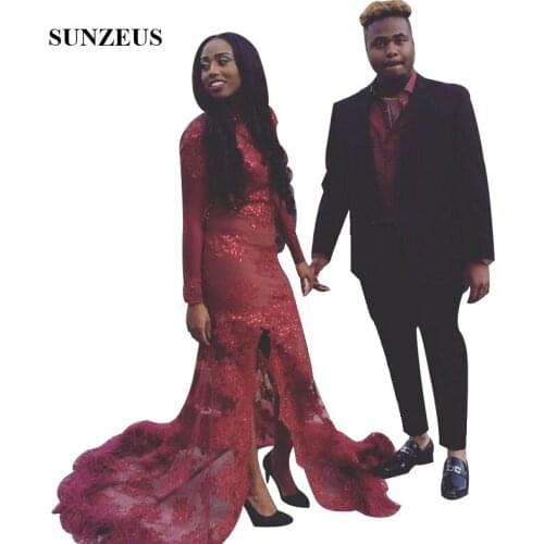 Trumpet Style Heavy Beads Appliques Prom Dress With Full Sleeves Burgundy Feathers Party Gowns For Women vestido gala largo