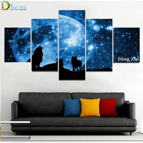 5 Panel Diy Diamond painting 5D Animal Wolf Starlight Picture Decor Poster Mosaic Embroidery Cross Stitch Square Round Drill
