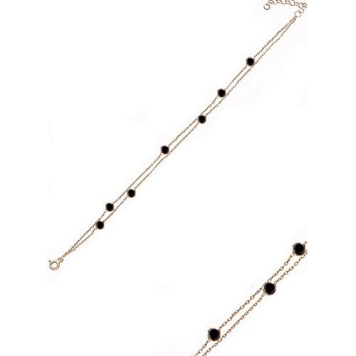 925 sterling Silver Rose Two Chain Black Cubic Zirconia Anklet