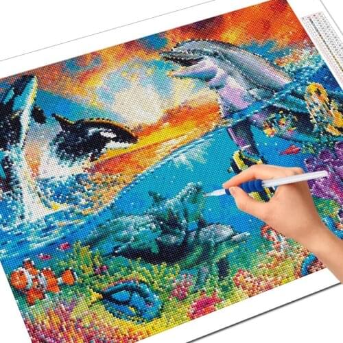 5D Diy Diamond Embroidery Cartoon Dolphin Animal Diamond Painting Kit Mosaic Full Square Round Drill Wall Decoration Pictures