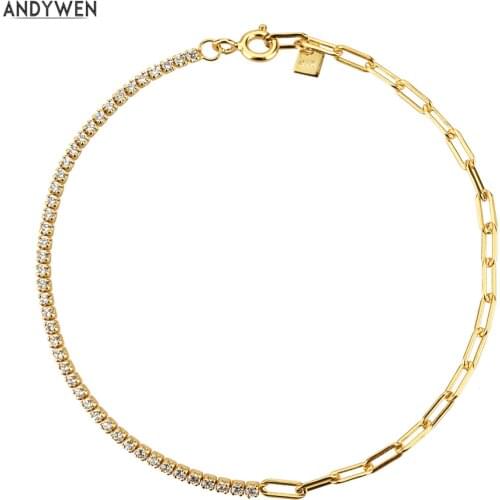 ANDYWEN 925 Sterling Silver Splice Geometric Chains Bracelet Zircon Gold Rock Punk Horoscope European Fashion Party Fine Jewelry