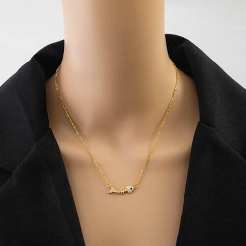 316L Stainless Steel Embedded Zircon Fish Skeleton Charms Chain Choker Necklace For Women Fashion Fine Jewelry Birthday Gift