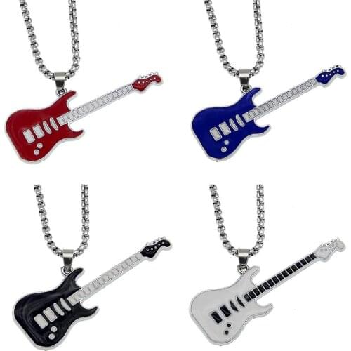 Gothic Men Metal Guitar Necklace Punk Style Musical Bass Pendant Trendy Women Sweater Cross Chain 4 Color
