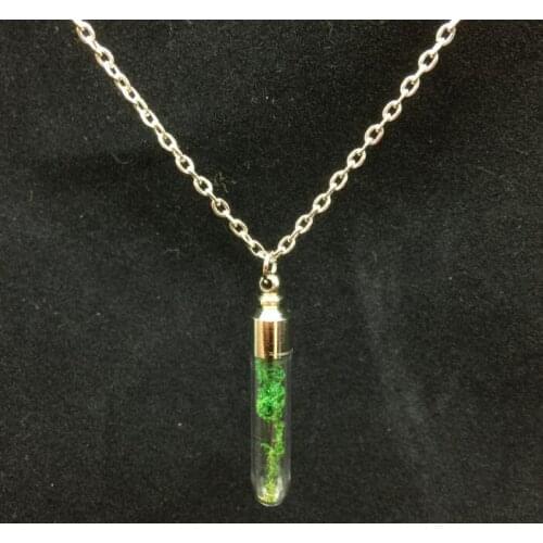 1sets 70cm Fahion Green moss silver plated long chain necklace handmade tube glass cover vial wish bottle tiny pendant jewelry