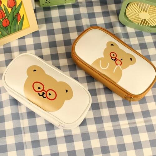 Kawaii Bear PU Leather Pencil Case Large Capacity Pen Bag Stationery Cosmetic Makeup Bags for Kids Student School Supplies